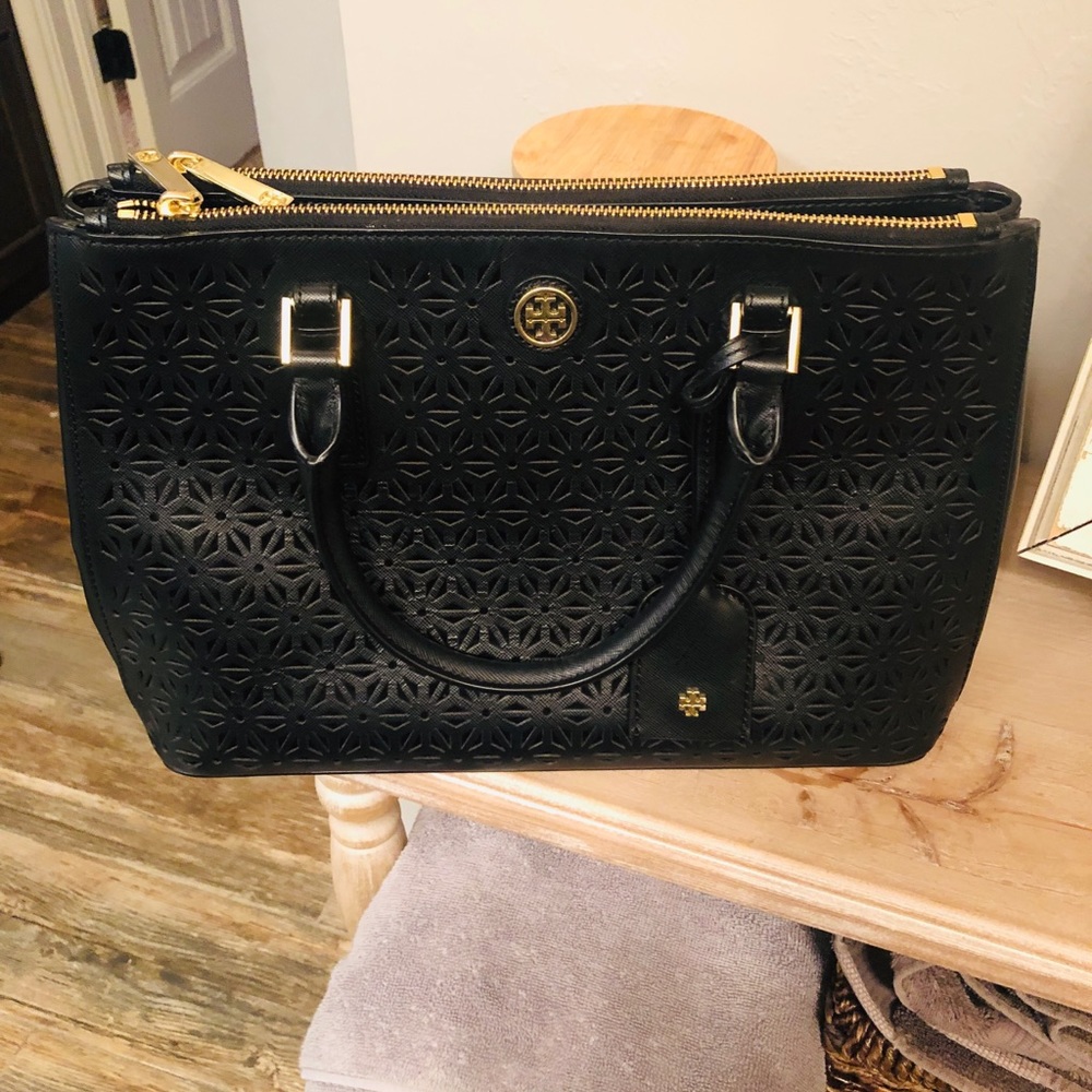 Robinson Floral Double Zip Black Leather Satchel